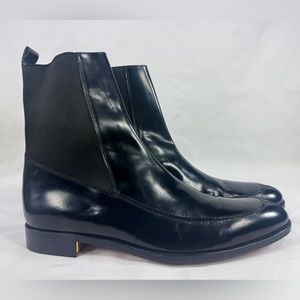 DOLCE & GABBANA Black Patent Leather Gold Accent Pointed Toe Chelsea Ankle Boots